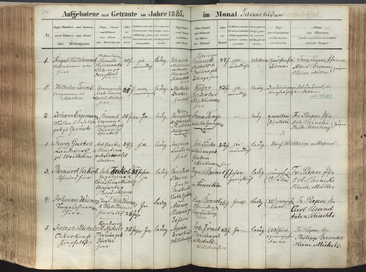 Marriage record for Christina Beine and Bernard Jakob, Grosseneder, 1855.